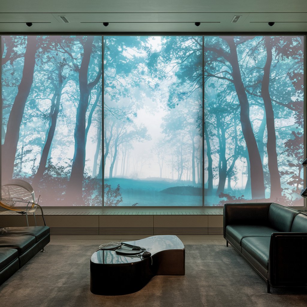 Cortina holográfica DreamShadeNova proyectando paisajes inmersivos en una ventana, con regulación de luz y temperatura para mayor confort.