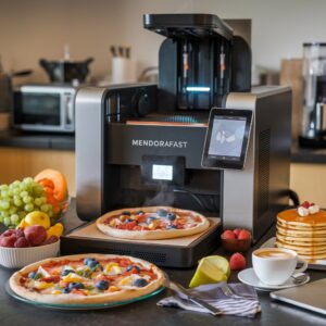 mpresora de alimentos MendoraFast preparando una comida en minutos, con tecnología avanzada para personalización de recetas y reducción de desperdicio