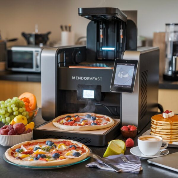 mpresora de alimentos MendoraFast preparando una comida en minutos, con tecnología avanzada para personalización de recetas y reducción de desperdicio