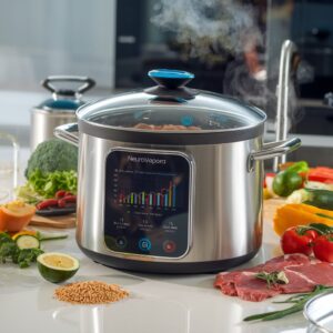 Olla inteligente NeuroVapora cocinando al vapor y analizando nutrientes para preparar recetas saludables.